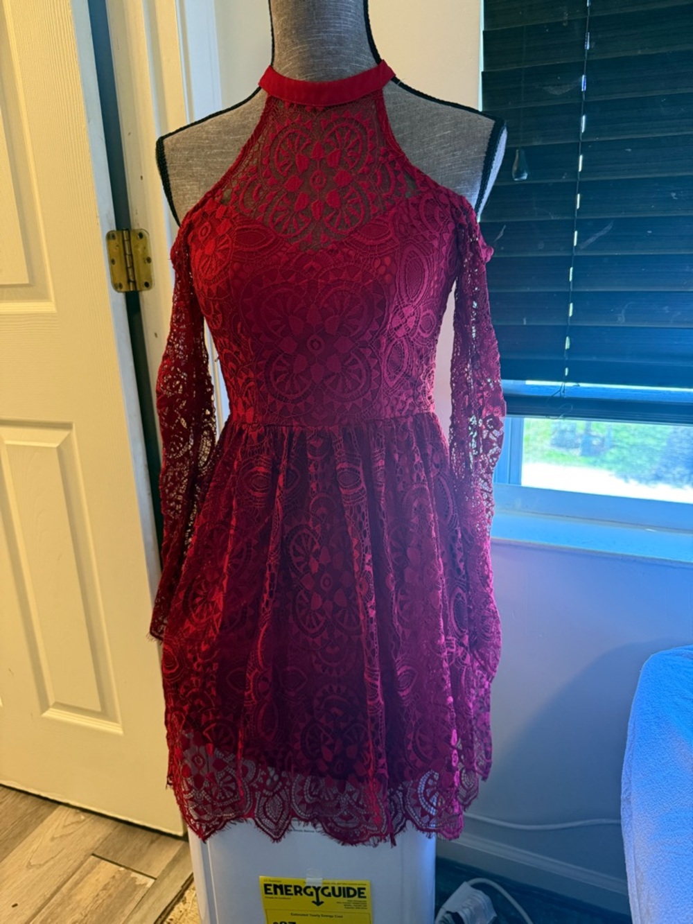 Women's Red Lace Halter Midi Dress